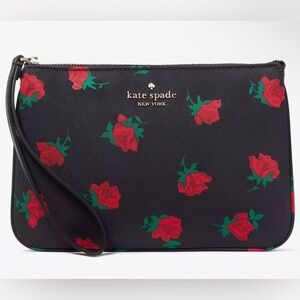 NWOT - Kate Spade Chelsea Black Rose Toss Printed Medium Wristlet Pouch